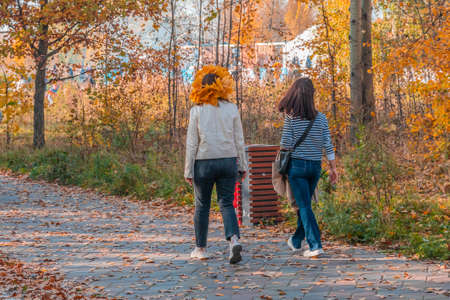 Two unrecognizable young women walk along the paths of the autumn park strewn with fallen yellow leaves. One of them is wearing a wreath of maple leavesのeditorial素材
