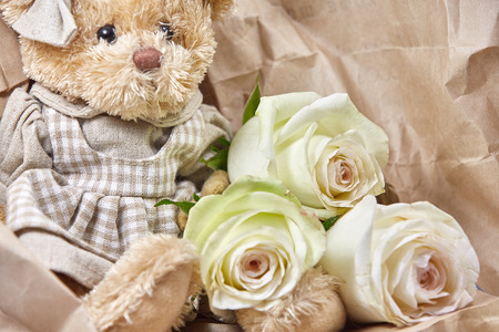 rose with toy on kraft paperの写真素材