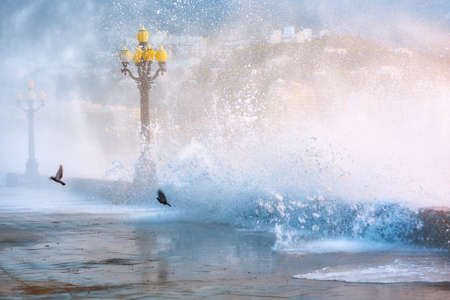 Yalta. Strong storm waves on the waterfront