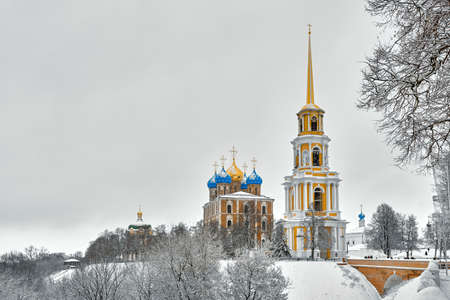 Winter view of the cathedrals of the Ryazan Kremlin.