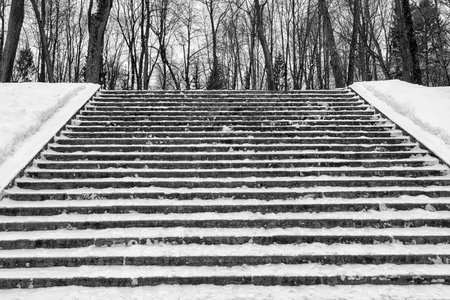 High staircase in the park with steps littered with snow. Rise up. Winter walk in the park.の写真素材