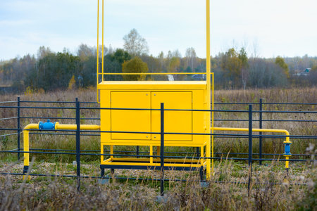 Gasification of land plots. Gas station in a field near a village.の写真素材