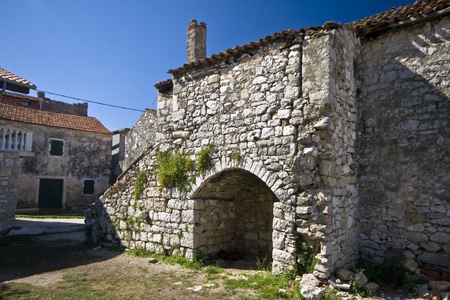 Old stone house with baladur, terrace with outside stairs in old Sukosanのeditorial素材