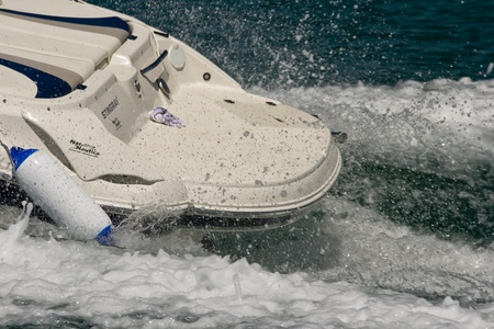 White stern on a powerboat with the waves, water foam and the blue seaのeditorial素材