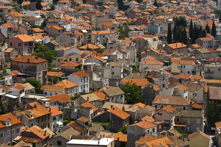 Picturesque panoramic view on red tile Sibenik roofsの写真素材