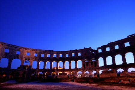Roman amphitheatre in Pula, called Arena. The Arena is the only remaining Roman amphitheatre to have four side towers and with all three Roman architectural orders entirely preserved. It was constructed in 27 BC - 68 AD and is among the six largest survivの写真素材