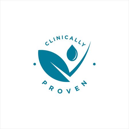simple modern emblem with clinically proven text and water drop, leaf vector in blue color for health or beauty certified productのイラスト素材