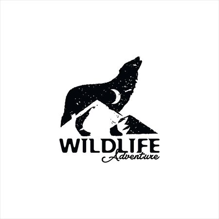 rough grunge mountain wolf vector illustration. night adventure logo template ideaのイラスト素材