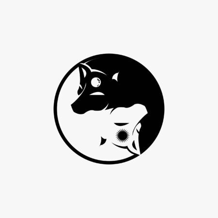 fun black and white illustration of wolf inside balance yin yang or zen badge for logo design or print artのイラスト素材