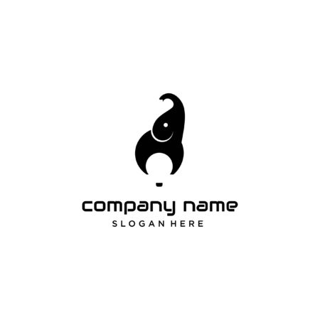 Simple modern playful flat black elephant and electric bulb vector. Business logo template. Animal icon design inspirationのイラスト素材