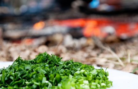 greens, chopped fennel and onion, the background is lit a fireの写真素材
