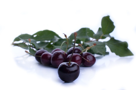 Ripe red cherry berries with leaves. Vector.の写真素材