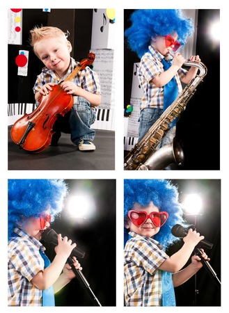 boy dreams of becoming a musician, a boy dressed like a rock star, holding a microphone, collectionの写真素材