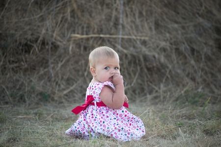 Little girl in the hay bale at the end of summer. Young girl in the field enjoying a summer afternoon.の写真素材