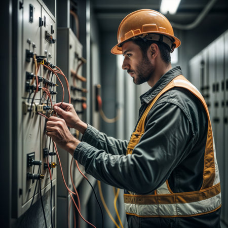 A professional electrician in a safety helmet is meticulously working on an electrical panel. The intricate wiring and the serious demeanor of the worker highlight the focused atmosphere and the importance of safety and precision in this field.の素材