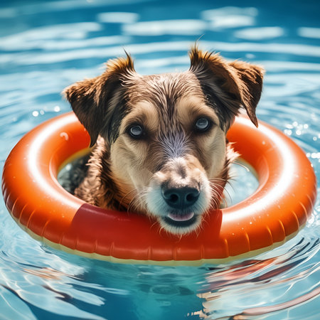 A playful dog enjoying a sunny day in a swimming pool, peeking through a red float ring.の素材