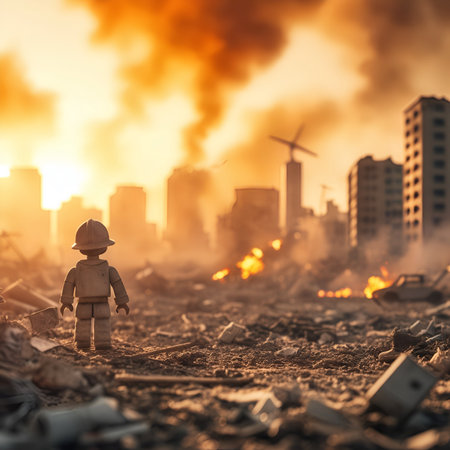 A toy firefighter amidst a miniature apocalyptic cityscape, illustrating bravery against overwhelming odds.の素材