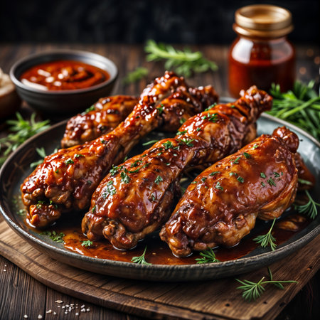Delicious glazed chicken wings garnished with herbs, served on a rustic wooden plate, perfect for appetizers or meals.の素材
