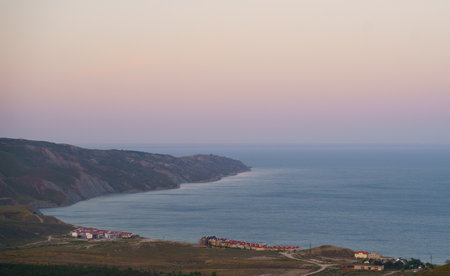 Coast of the Black Sea at sunset. View from the mountain.の写真素材