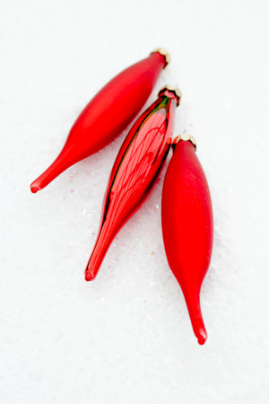 New Year's dressings red icicles on the white isolated backgroundの写真素材