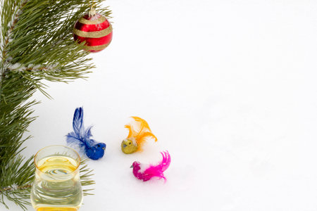 Pine branch with red sphere, decorative multi-coloured birds and a champagne glass against white snow. It can be used as a Christmas cardの写真素材