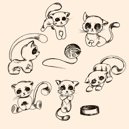 drawn doodle kittens in various poses with a bowl and a ball of yarn. Vector setのイラスト素材