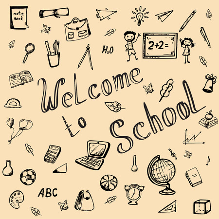 welcome to school doodles set. vector hand drawn illustrationのイラスト素材