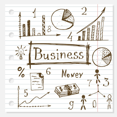 business doodles hand drawn set on lined paperのイラスト素材
