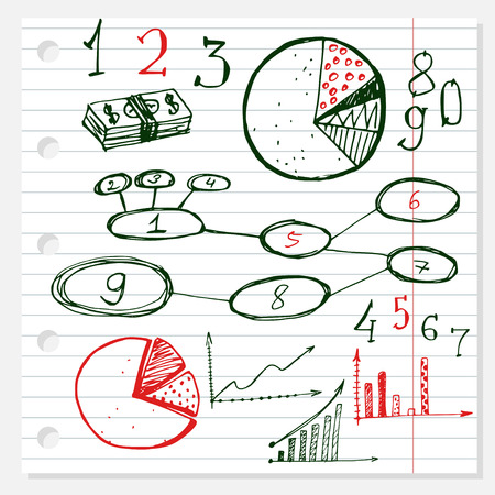 business doodles hand drawn set on lined paperのイラスト素材