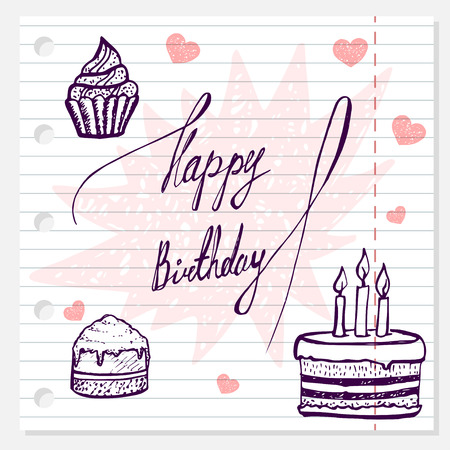 birthday  doodle set. hand drawn greeting card on lined paper.のイラスト素材