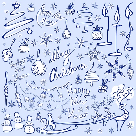 Merry Christmas and Happy New Year doodles elements set. Hand drawn vector illustrationのイラスト素材