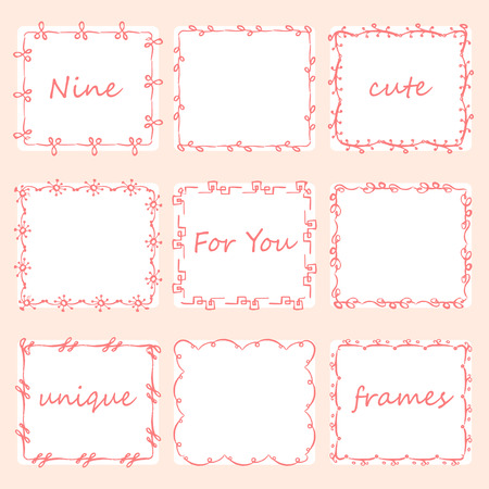 Set of nine square doodles frames. Vector hand-drawn illustrationのイラスト素材