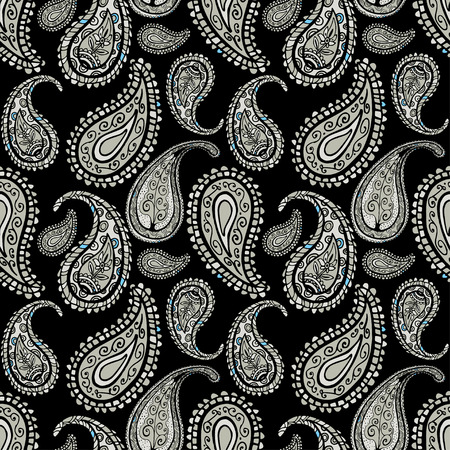Hand drawn seamless pattern with paisley retro ornament . gray vector background for textile, fashion fabric, wallpaper, wrapping paper etcのイラスト素材