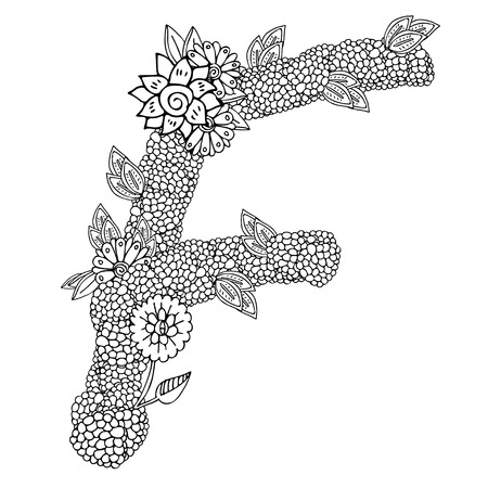 shaped pattern of capital letter F decorated with floral ornament. Coloring book page for adultのイラスト素材
