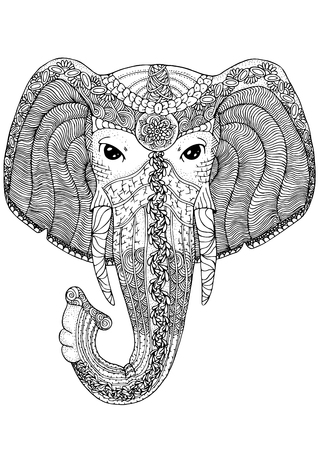 Coloring book page for adults in style.  Head of Elephant. Ethnic anti stress pattern of totem animal painted by handsのイラスト素材