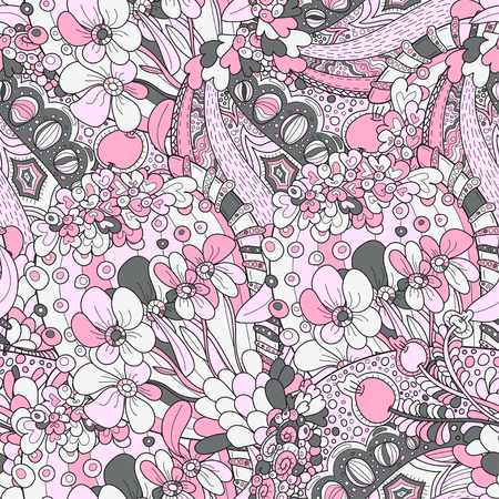 Vector abstract pattern with floral ornament in zentangle style. Colorful illustration. pink and gray colors, square form. Seamless designのイラスト素材