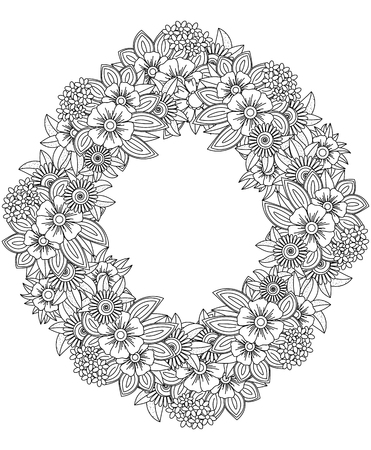 Vector pattern for coloring book. Ethnic retro design style with floral elements,Black wreath shaped line artのイラスト素材