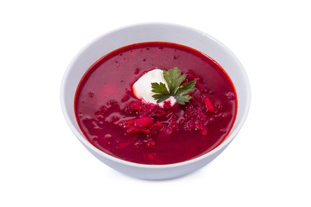 borsch, russian national red soup isolated in whiteの写真素材