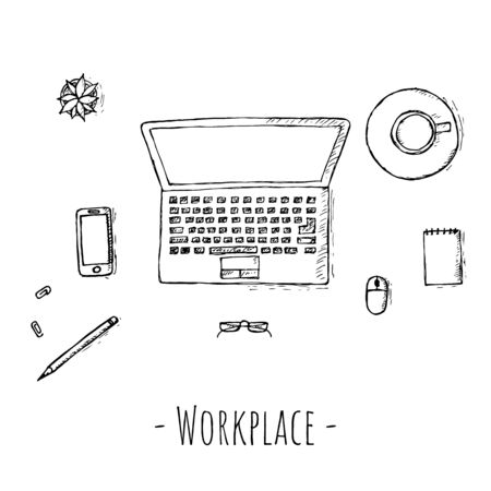 Hand-drawn workplace with computer and different supplies.のイラスト素材