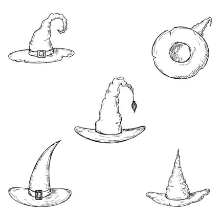 Witch hats. Isolated objects on white. Vector cartoon illustrations. Hand-drawn style.のイラスト素材