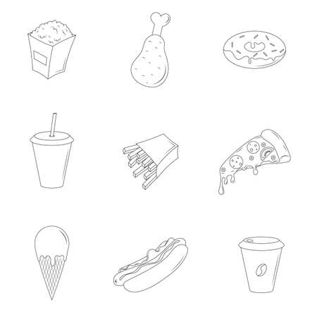 Fast food set. Isolated objects on a white background. Line icons.のイラスト素材