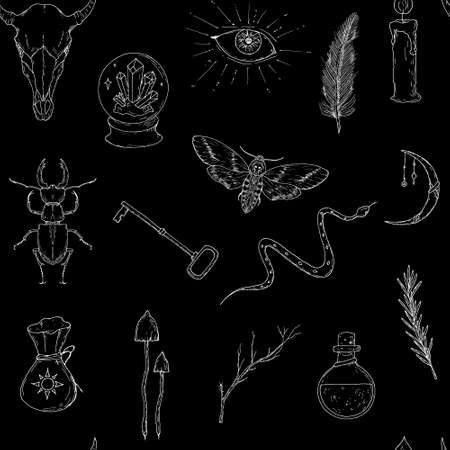 Seamless patter of occult elements. Vector background. Hand-drawn style.のイラスト素材