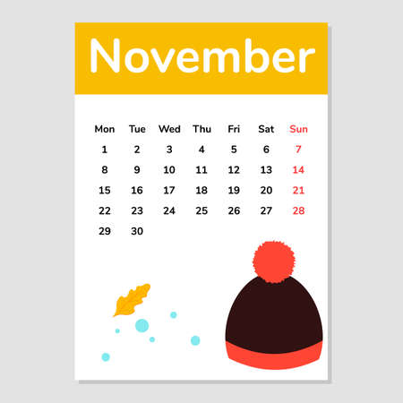 November 2021 calendar sheet with hat illustration. Vector.のイラスト素材