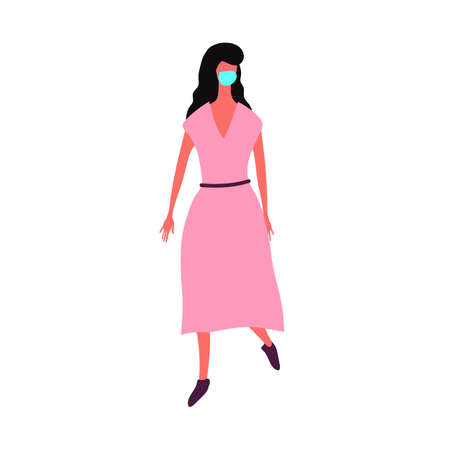 A woman in a pink dress and a protective mask. Vector illustration. Isolated on white. Flat design.のイラスト素材