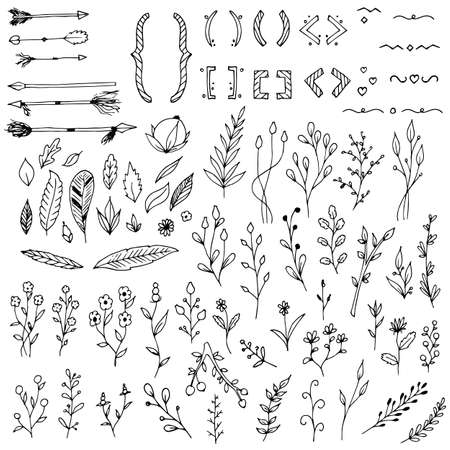 Set of plants, branches, floral elements, arrows, braces and parentheses. Vector illustrations. Isolated objects on white. Hand-drawn style.のイラスト素材