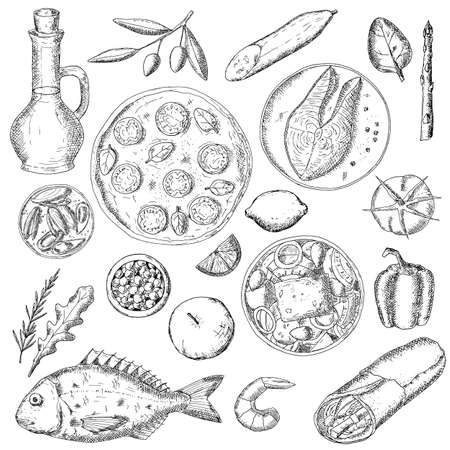 Mediterranean food. Vector illustrations. Isolated objects on a white background. Hand-drawn style.のイラスト素材