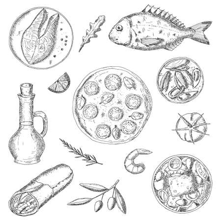 Greek food. Vector illustrations. Isolated objects on a white background. Hand-drawn style.のイラスト素材