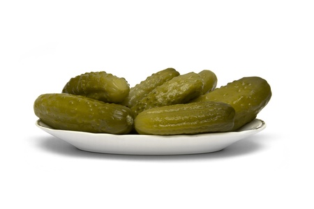 Gherkin pickles on white backgroundの写真素材