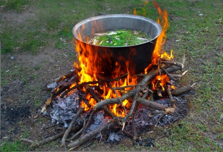 prepare tasty food over a campfireの写真素材