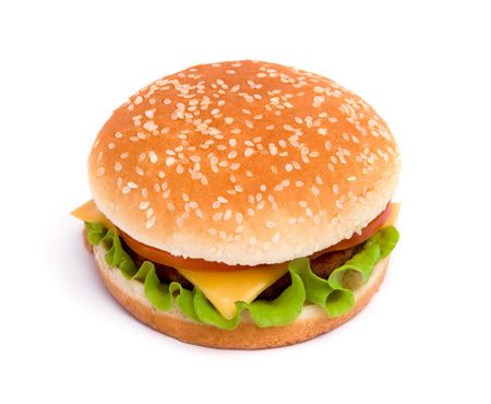 Delicious juicy cheeseburger with tomato on white backgroundの写真素材